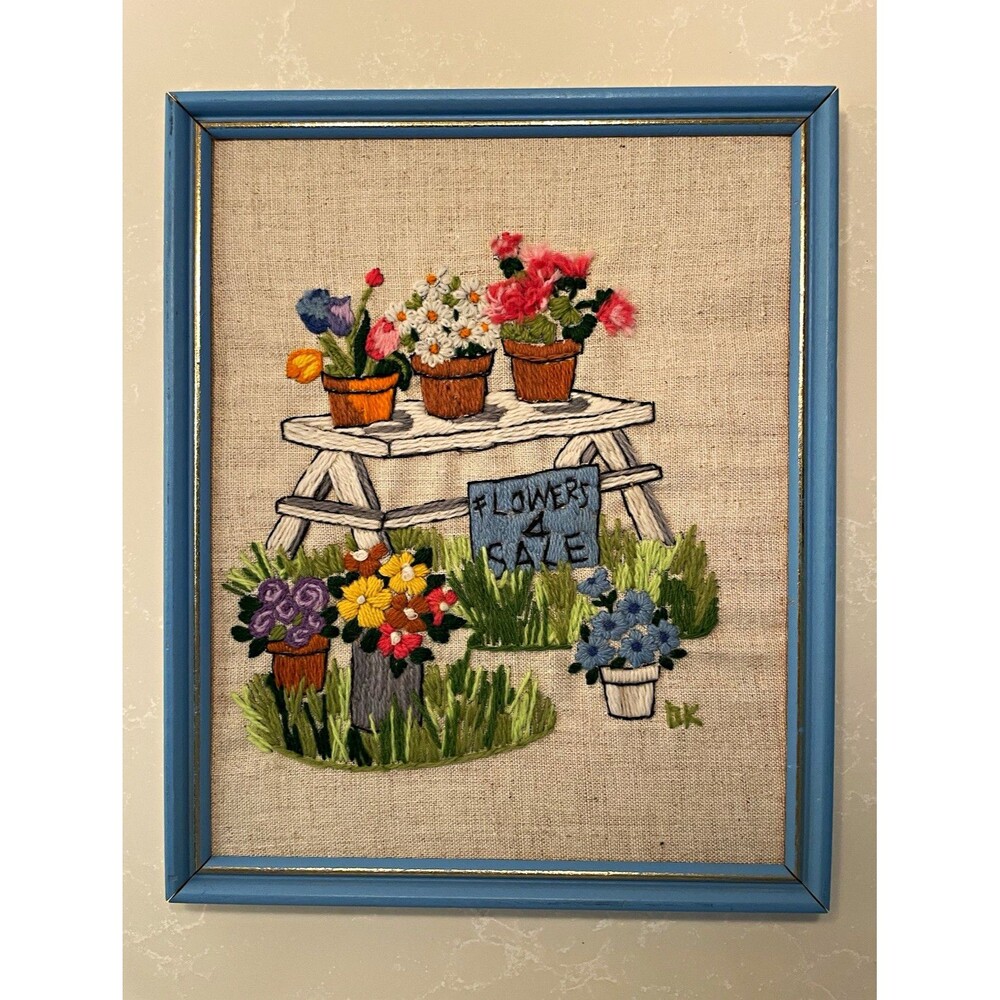 Vintage 1977 Framed "Flowers 4 Sale" Floral Needlework / Crewel 8.5x10.5